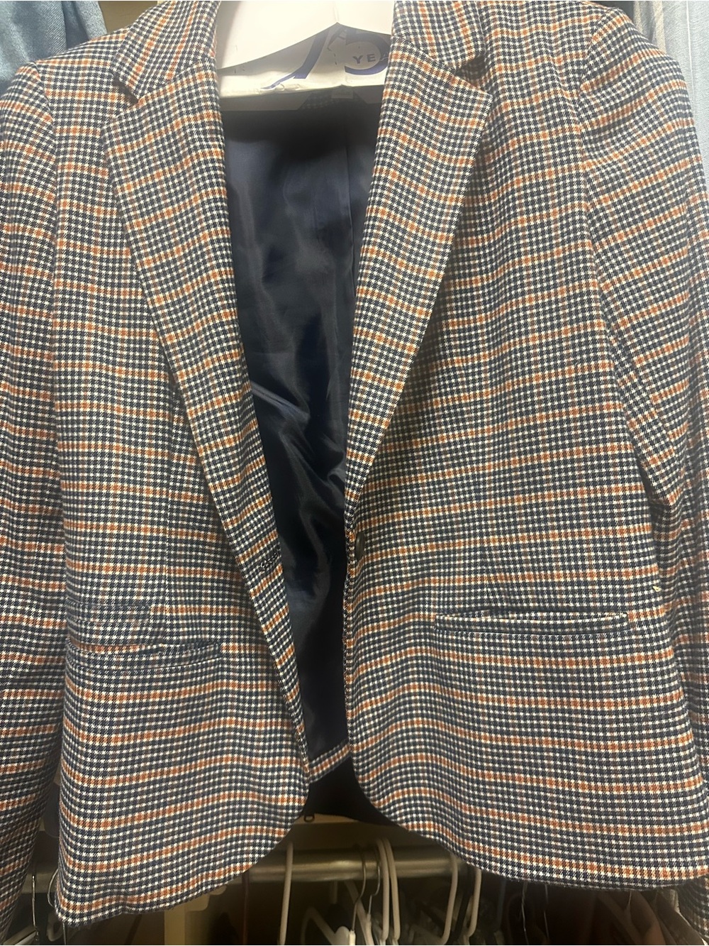 Classic Women Plaid Blazer in Navy & Brown